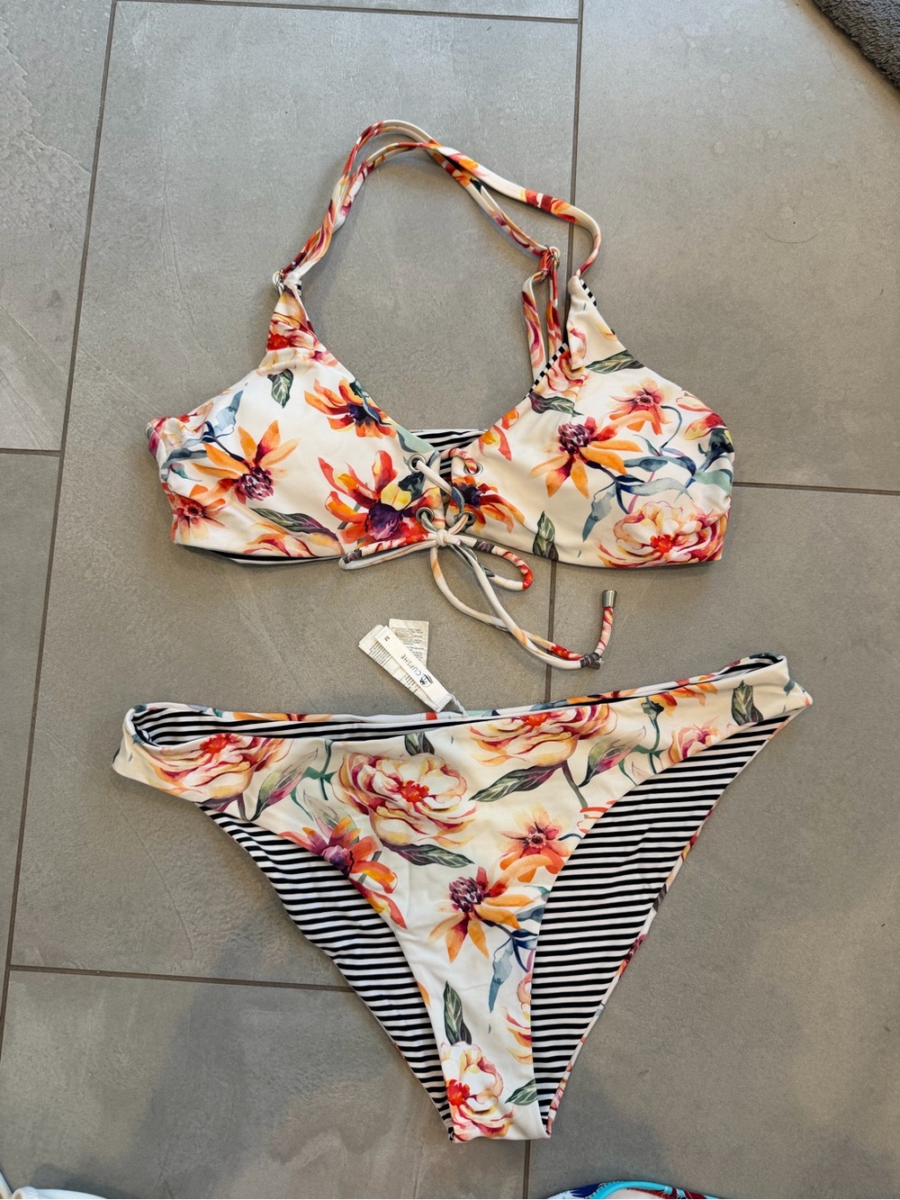 Cupshe Cream Floral Lace-Up Bikini with Striped Trim